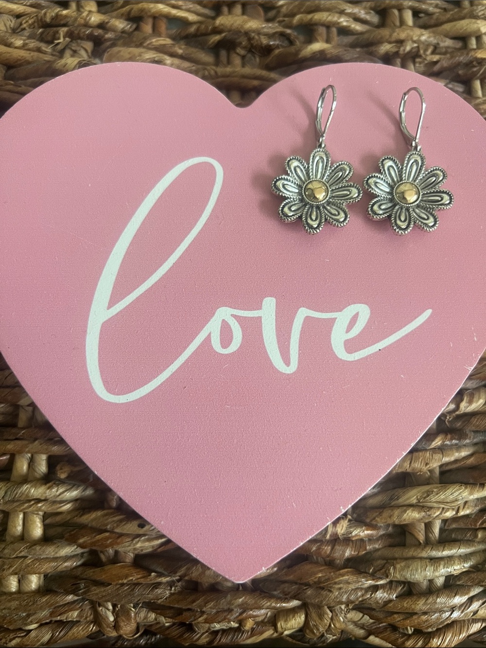 Silver-Tone Floral Drop Earrings with Gold Accent